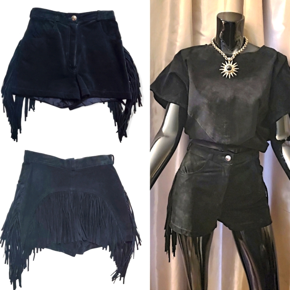 Vintage CACHE Size 4 Black Suede Fringe Shorts